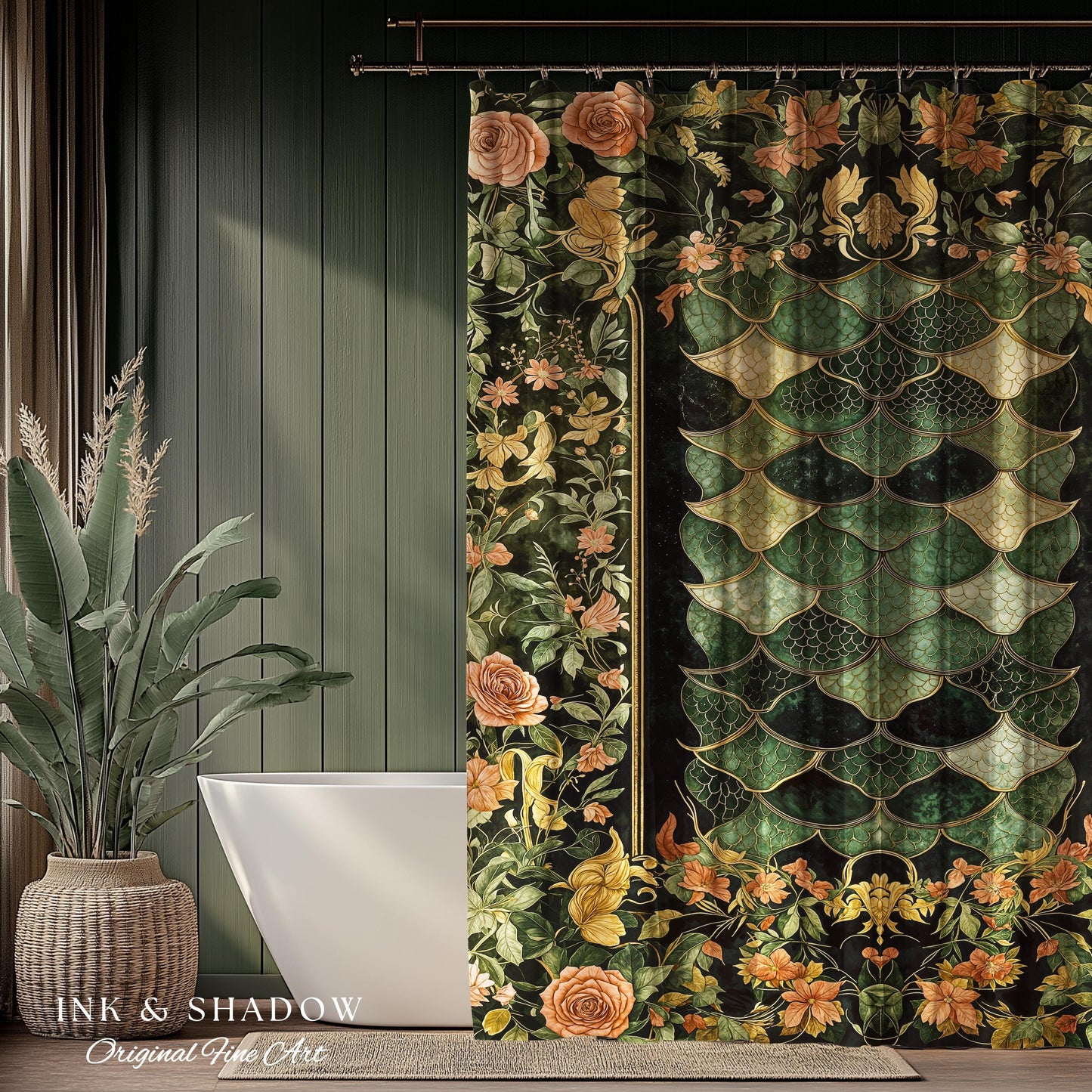Dark Magic Dragon Scale Shower Curtain | Fantasy Aesthetic Sage Green Decorative Cottagegoth Medieval Bathroom Decor Book Nook Academia |