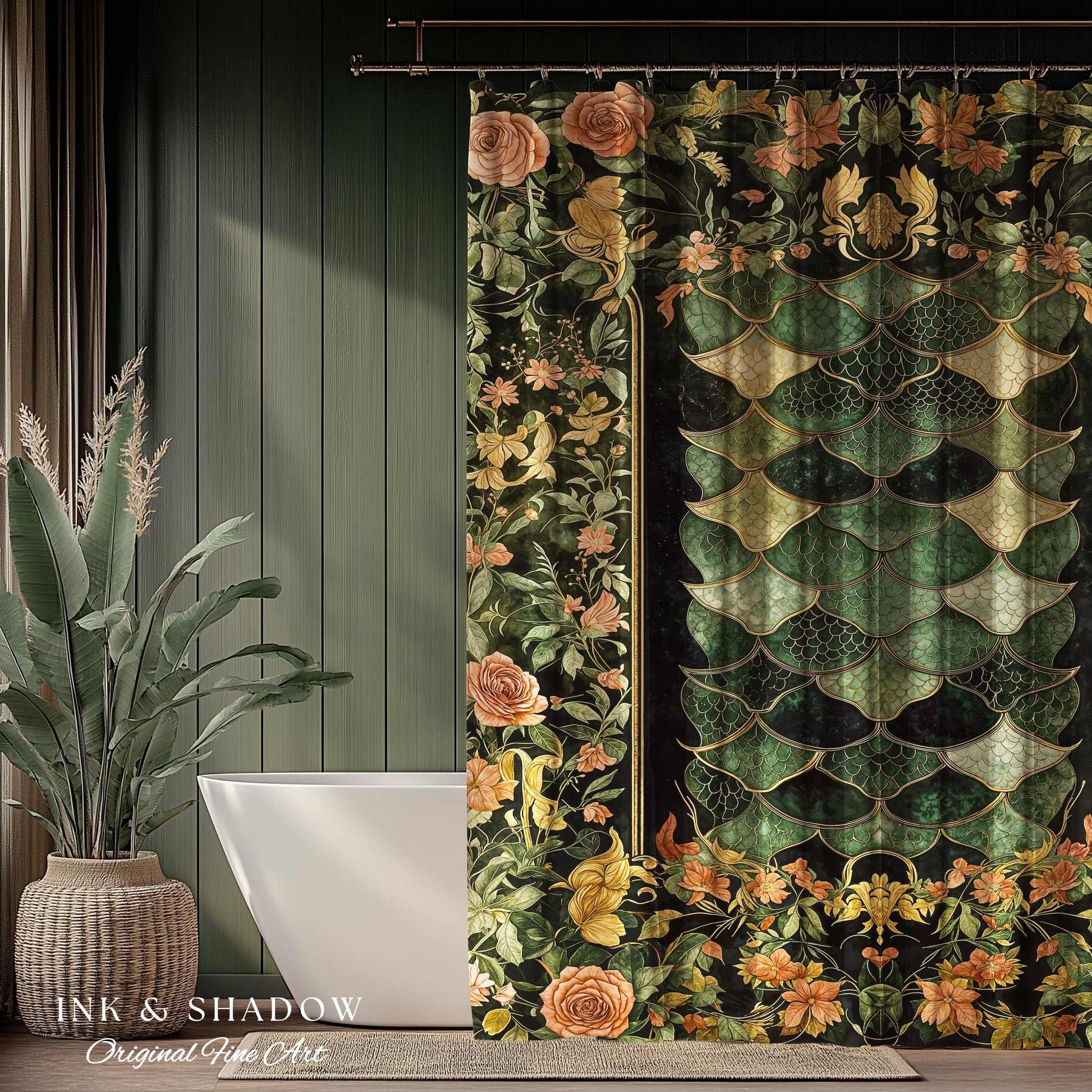 Dark Magic Dragon Scale Shower Curtain | Fantasy Aesthetic Sage Green Decorative Cottagegoth Medieval Bathroom Decor Book Nook Academia |
