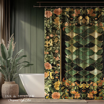 Dark Magic Dragon Scale Shower Curtain | Fantasy Aesthetic Sage Green Decorative Cottagegoth Medieval Bathroom Decor Book Nook Academia |