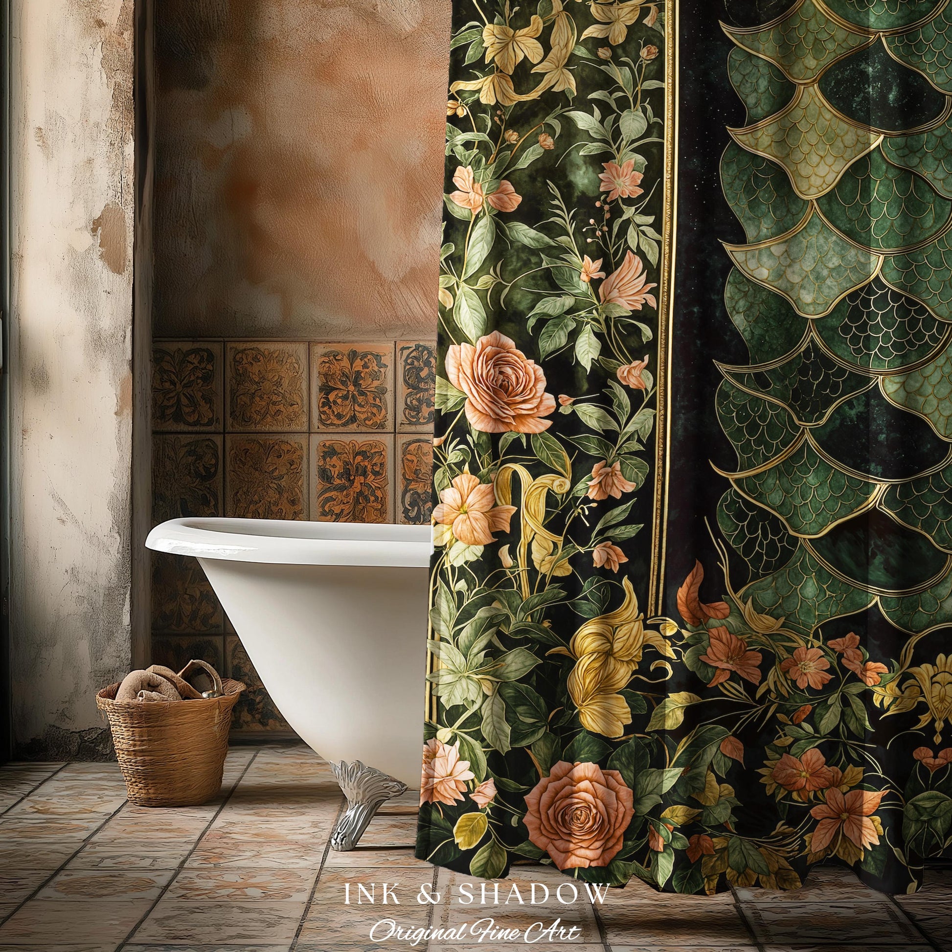 Dark Magic Dragon Scale Shower Curtain | Fantasy Aesthetic Sage Green Decorative Cottagegoth Medieval Bathroom Decor Book Nook Academia |