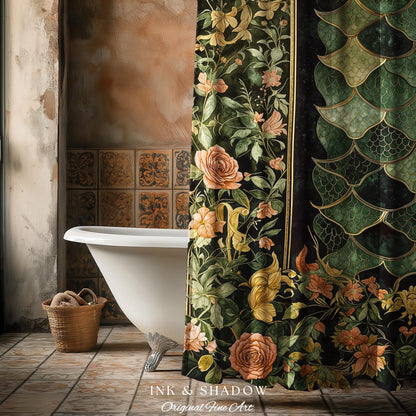 Dark Magic Dragon Scale Shower Curtain | Fantasy Aesthetic Sage Green Decorative Cottagegoth Medieval Bathroom Decor Book Nook Academia |