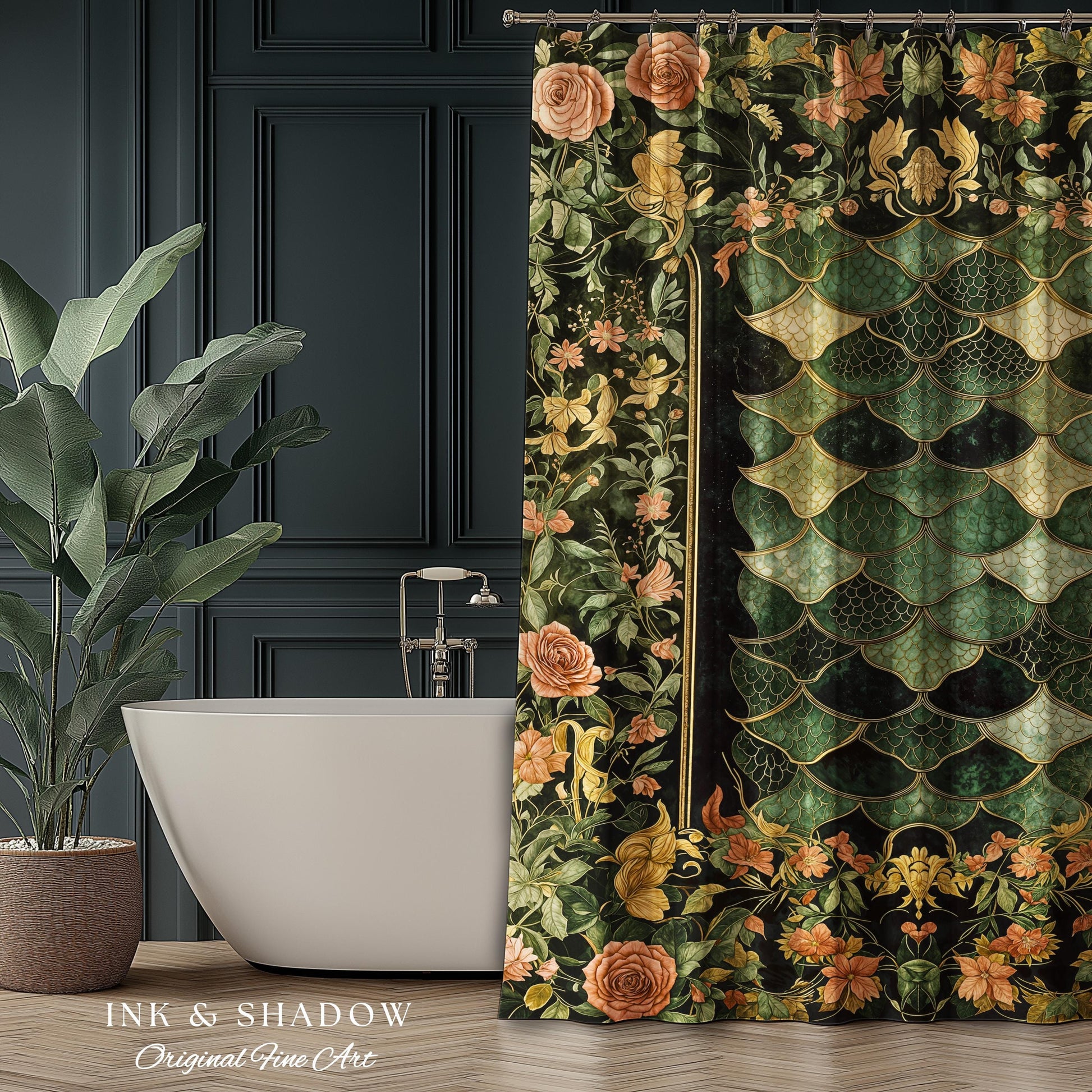 Dark Magic Dragon Scale Shower Curtain | Fantasy Aesthetic Sage Green Decorative Cottagegoth Medieval Bathroom Decor Book Nook Academia |
