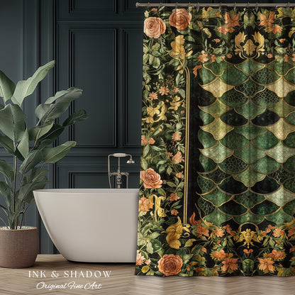 Dark Magic Dragon Scale Shower Curtain | Fantasy Aesthetic Sage Green Decorative Cottagegoth Medieval Bathroom Decor Book Nook Academia |