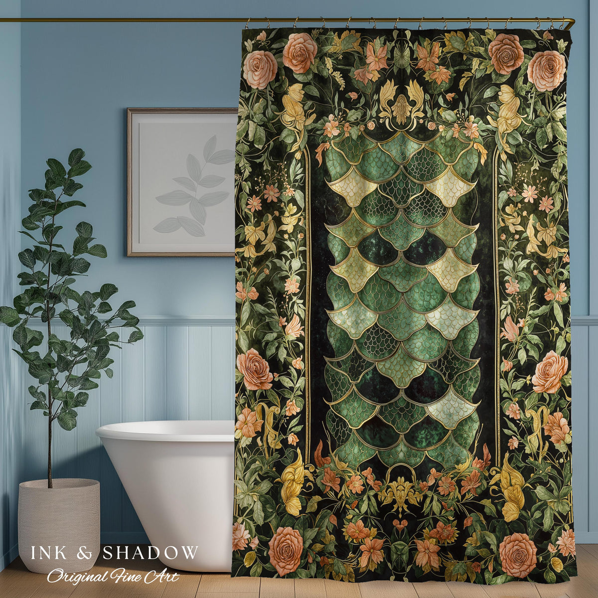 Dark Magic Dragon Scale Shower Curtain | Fantasy Aesthetic Sage Green Decorative Cottagegoth Medieval Bathroom Decor Book Nook Academia |