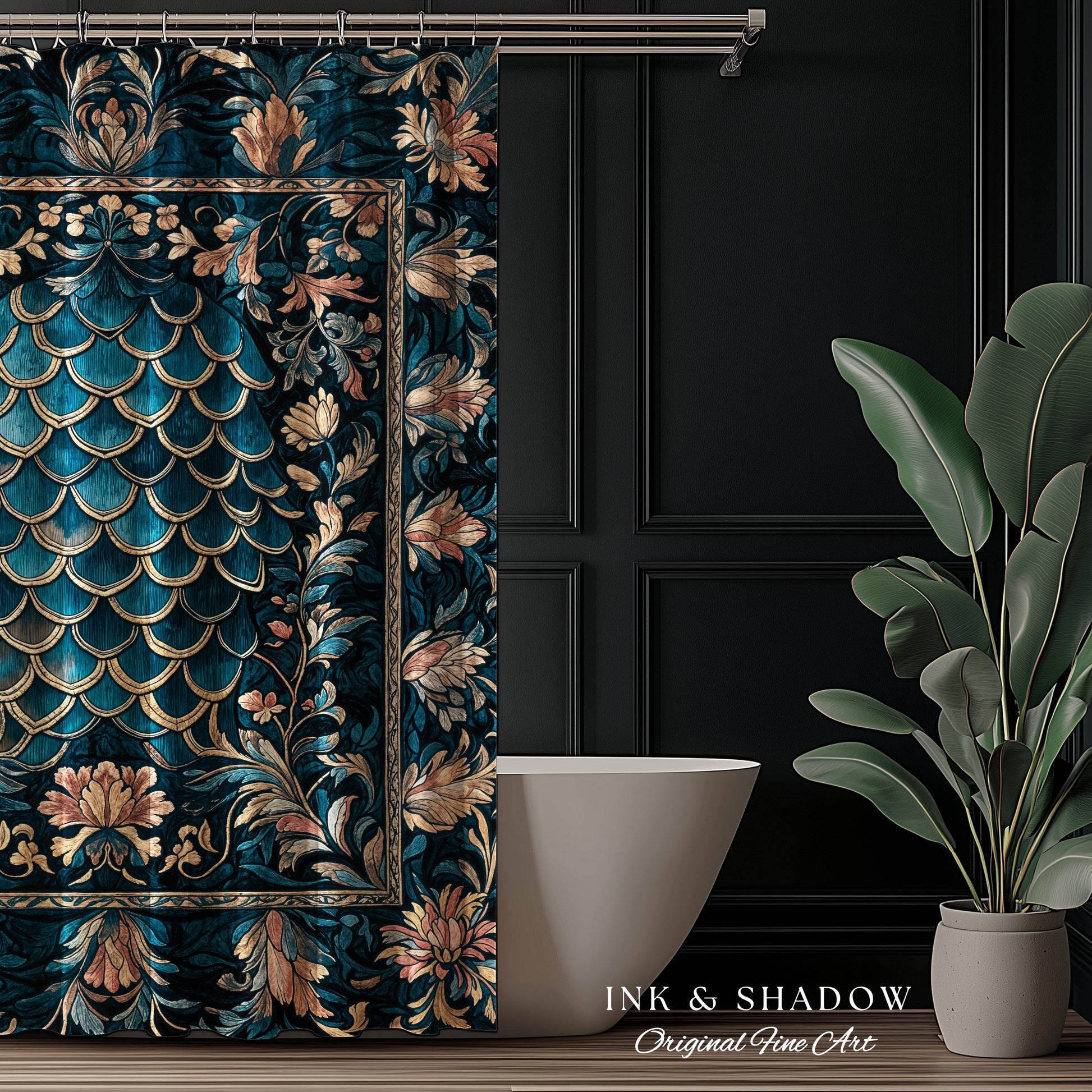 Midnight Navy Royal Shower Curtain | Dragon Scale Art Deco Eclectic Ornate Bathroom Accent Dark Academia Maximalist Floral Fantasy Gothic |