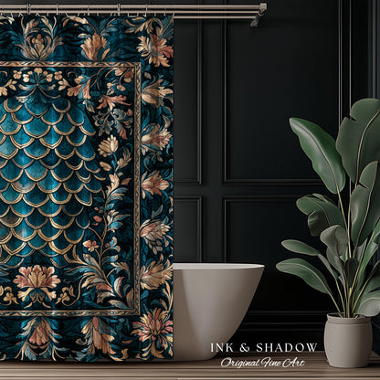 Midnight Navy Royal Shower Curtain | Dragon Scale Art Deco Eclectic Ornate Bathroom Accent Dark Academia Maximalist Floral Fantasy Gothic |