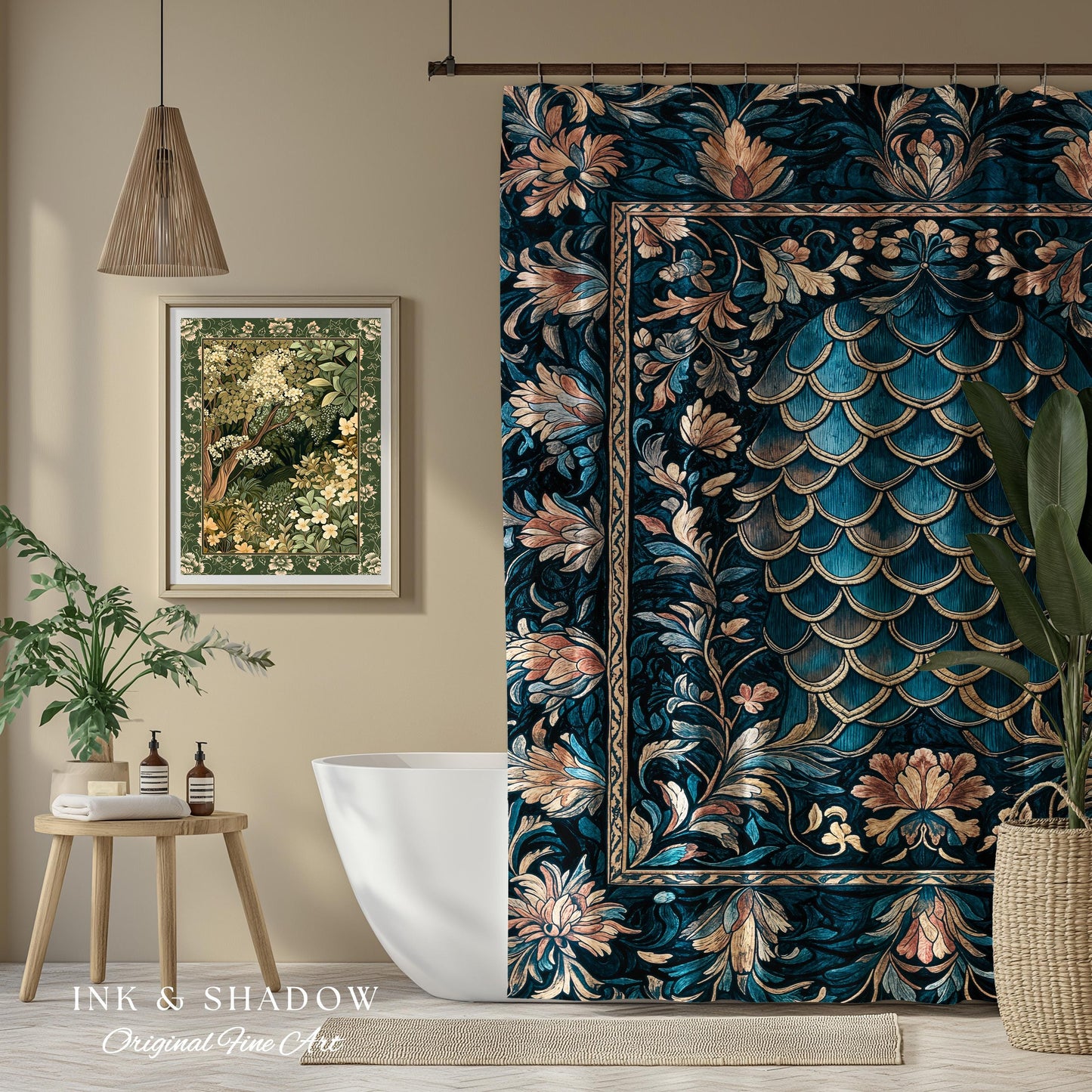 Midnight Navy Royal Shower Curtain | Dragon Scale Art Deco Eclectic Ornate Bathroom Accent Dark Academia Maximalist Floral Fantasy Gothic |