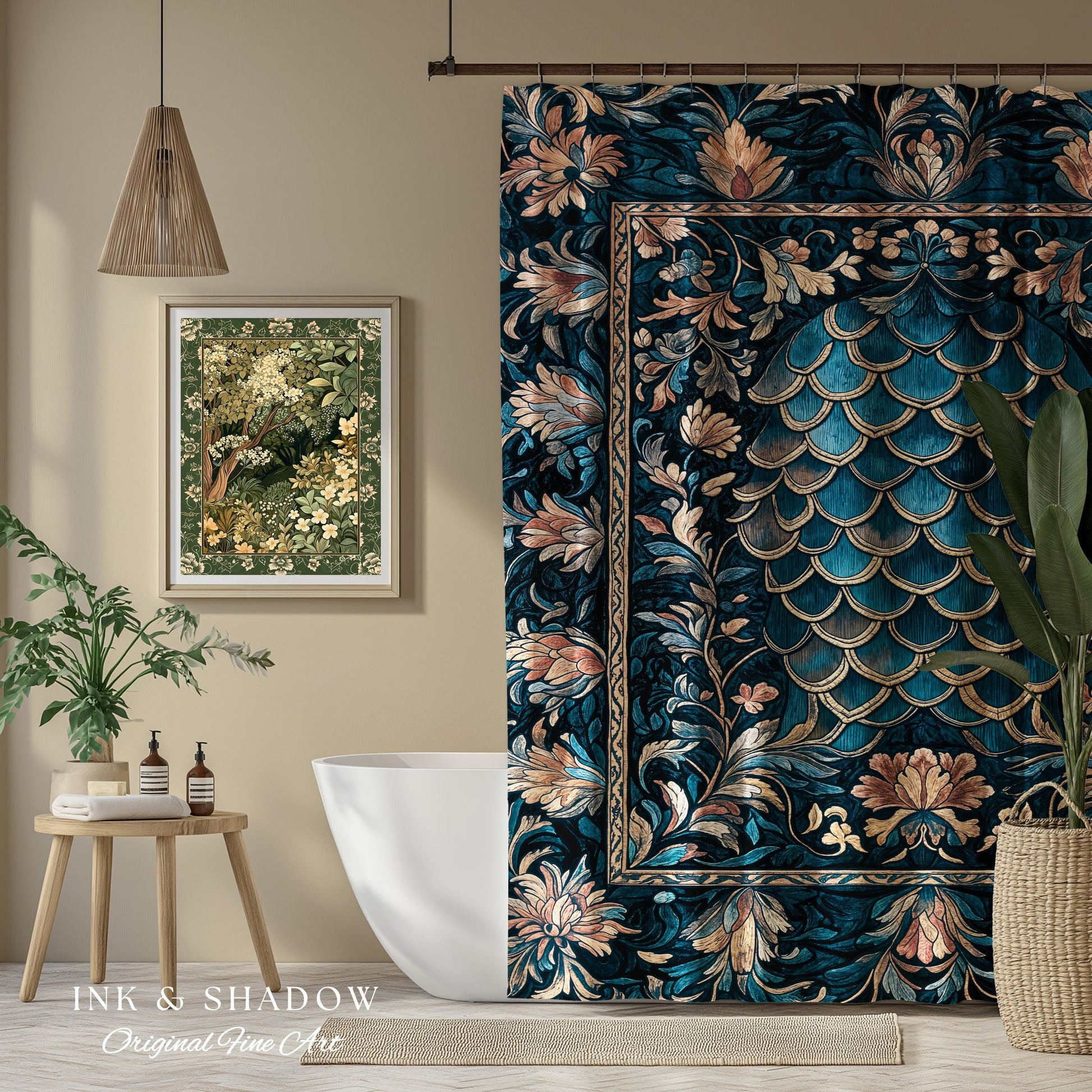 Midnight Navy Royal Shower Curtain | Dragon Scale Art Deco Eclectic Ornate Bathroom Accent Dark Academia Maximalist Floral Fantasy Gothic |