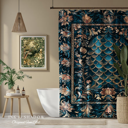 Midnight Navy Royal Shower Curtain | Dragon Scale Art Deco Eclectic Ornate Bathroom Accent Dark Academia Maximalist Floral Fantasy Gothic |