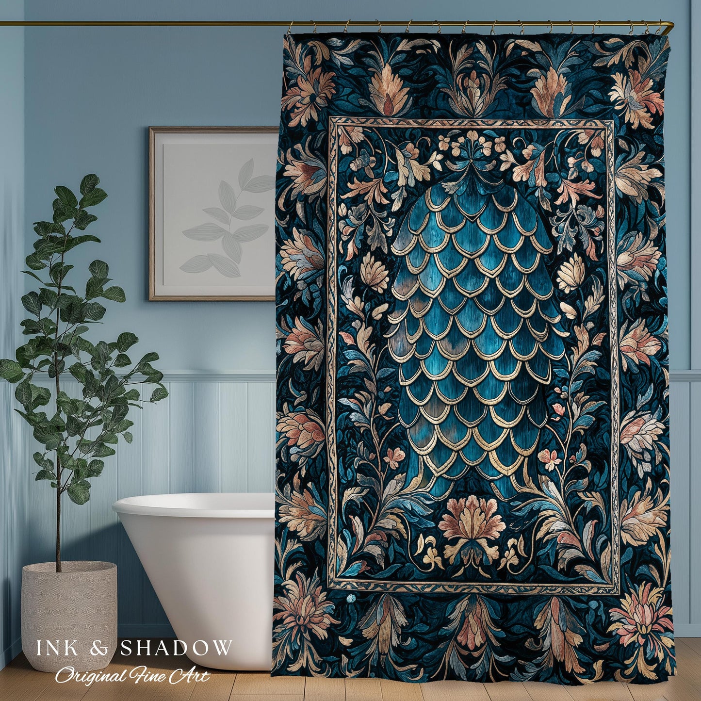 Midnight Navy Royal Shower Curtain | Dragon Scale Art Deco Eclectic Ornate Bathroom Accent Dark Academia Maximalist Floral Fantasy Gothic |