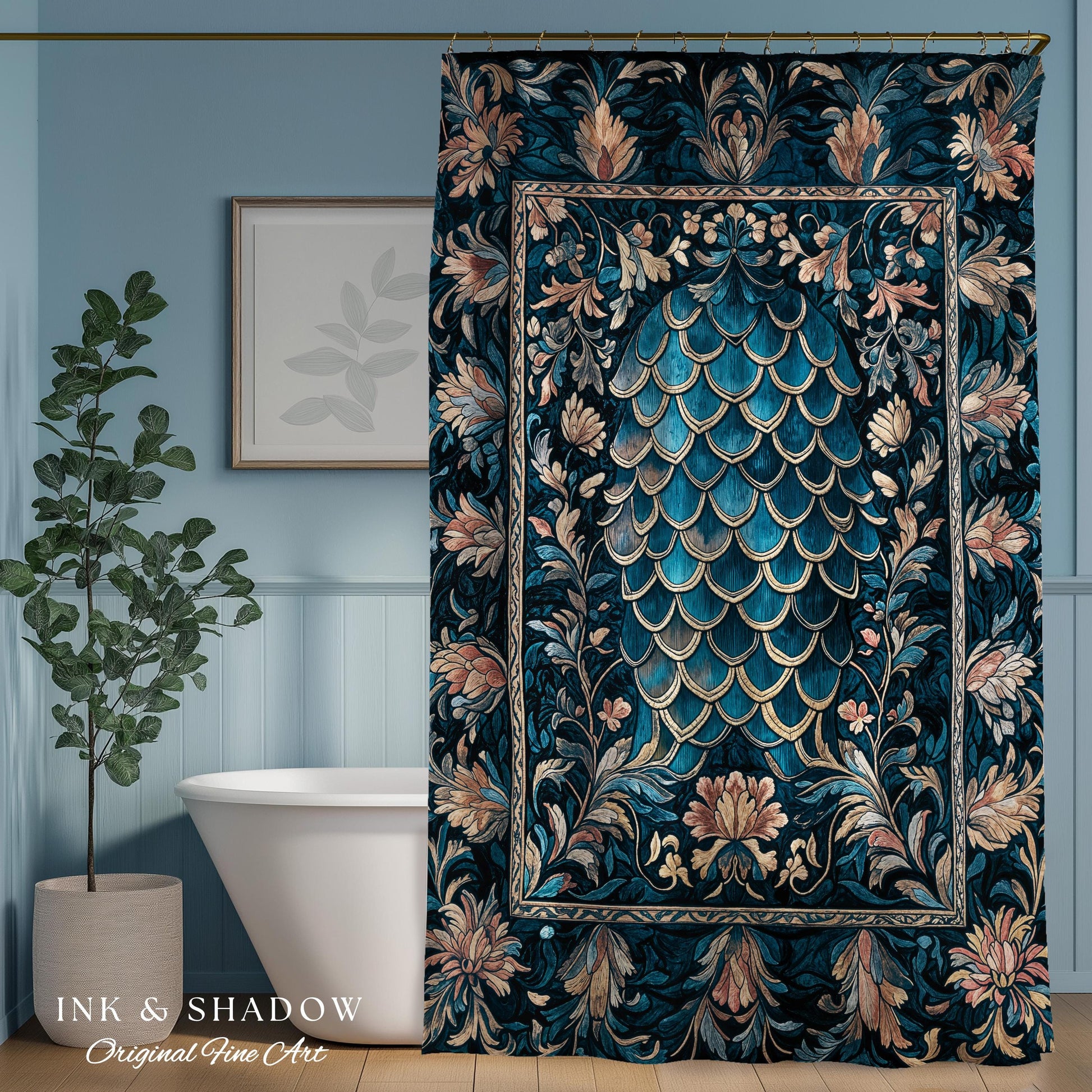 Midnight Navy Royal Shower Curtain | Dragon Scale Art Deco Eclectic Ornate Bathroom Accent Dark Academia Maximalist Floral Fantasy Gothic |