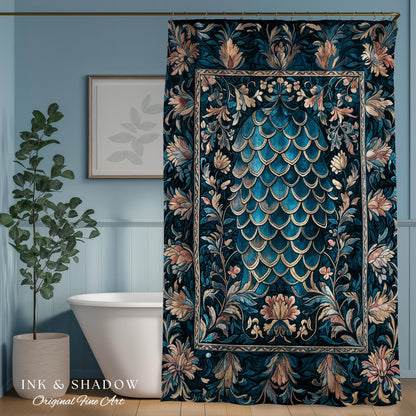 Midnight Navy Royal Shower Curtain | Dragon Scale Art Deco Eclectic Ornate Bathroom Accent Dark Academia Maximalist Floral Fantasy Gothic |