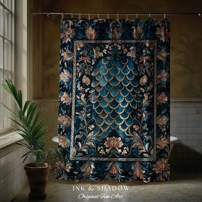 Midnight Navy Royal Shower Curtain | Dragon Scale Art Deco Eclectic Ornate Bathroom Accent Dark Academia Maximalist Floral Fantasy Gothic |