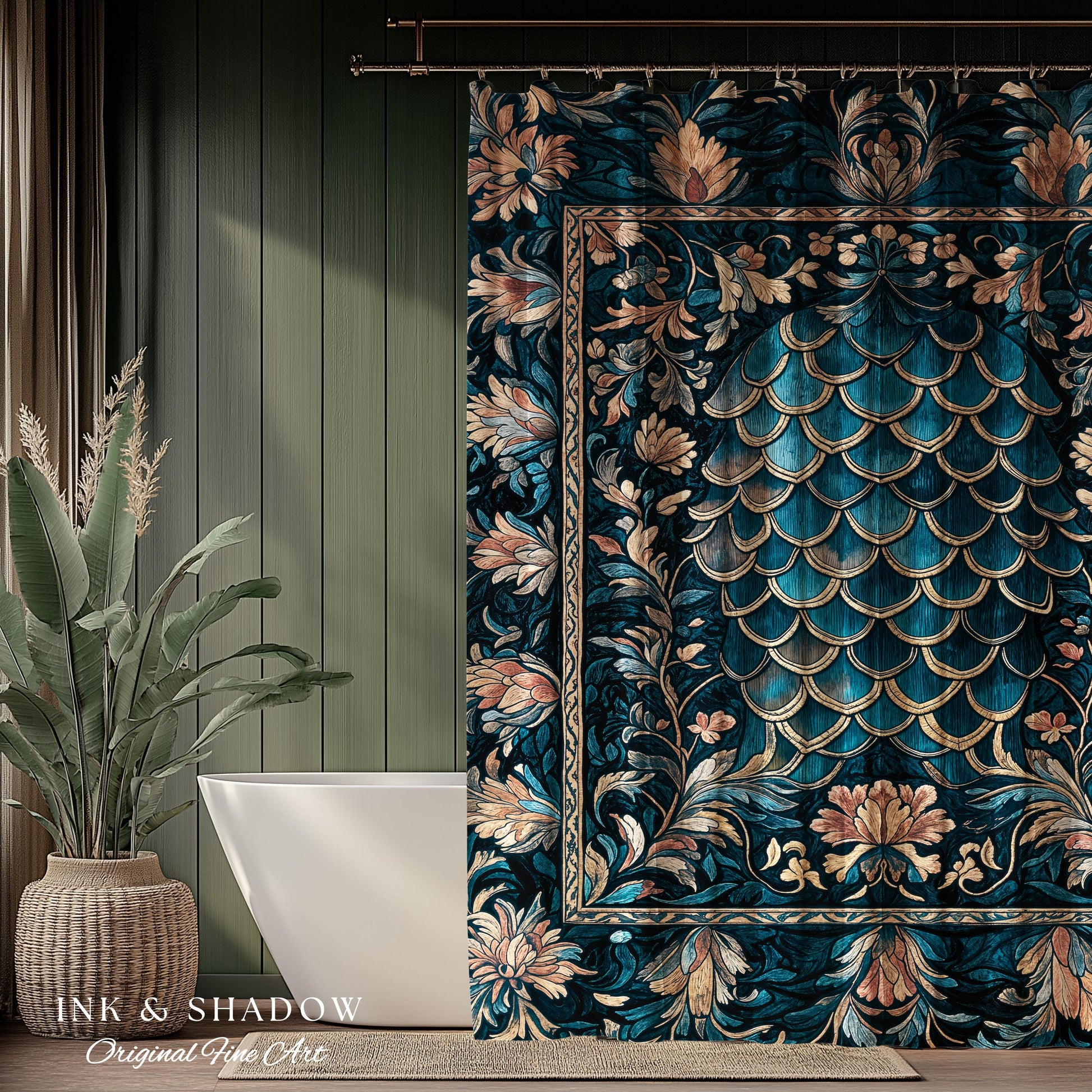 Midnight Navy Royal Shower Curtain | Dragon Scale Art Deco Eclectic Ornate Bathroom Accent Dark Academia Maximalist Floral Fantasy Gothic |