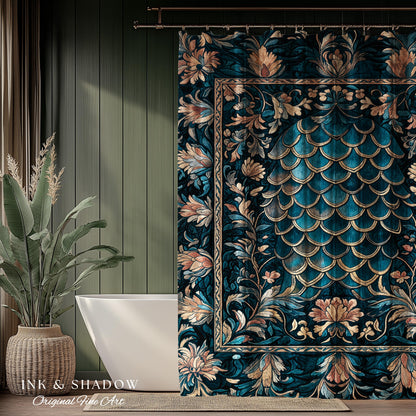 Midnight Navy Royal Shower Curtain | Dragon Scale Art Deco Eclectic Ornate Bathroom Accent Dark Academia Maximalist Floral Fantasy Gothic |