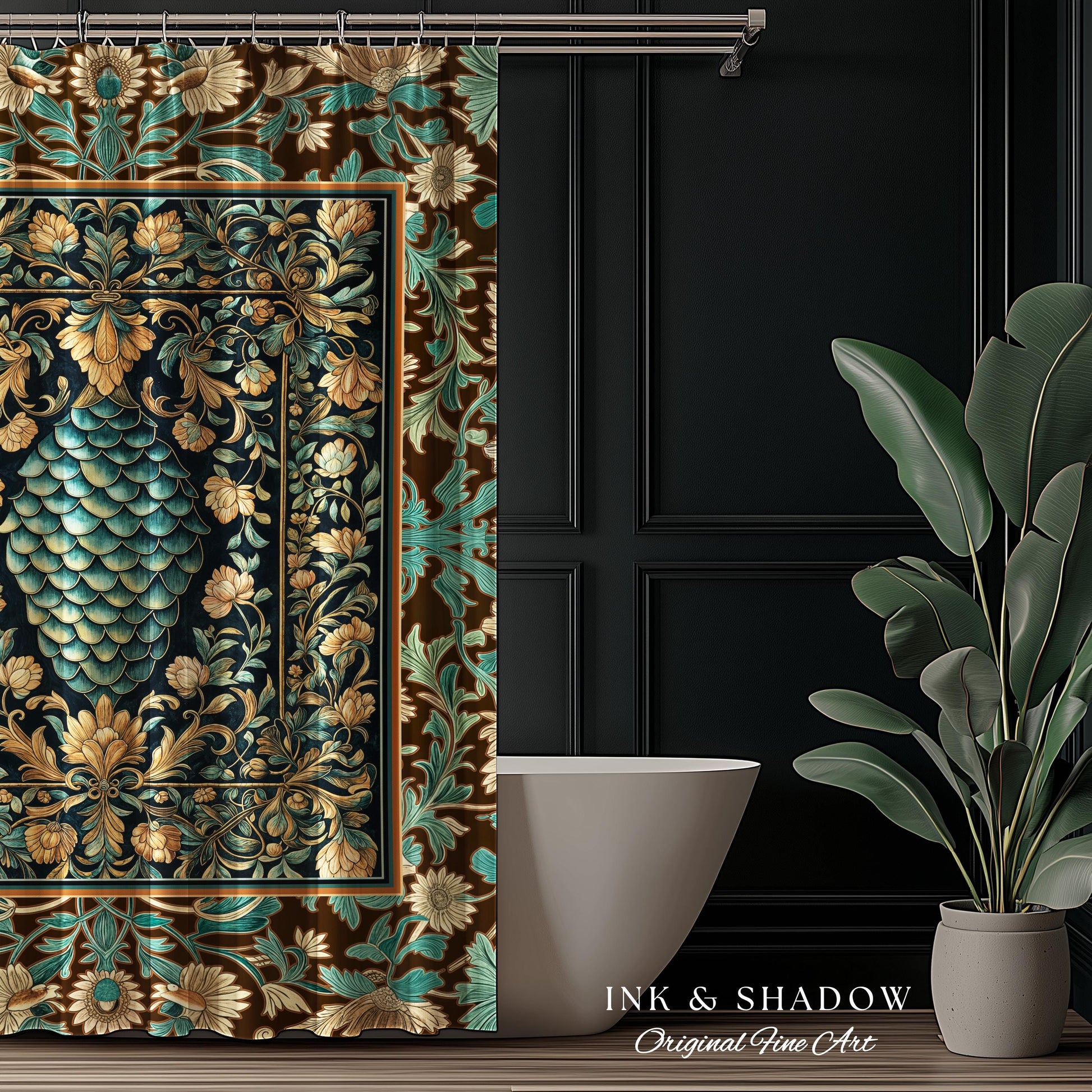 Soft Teal Castlecore Shower Curtain | Fairy Pastel Ornate Gothic Dragon Scale Fantasy Bathroom Rustic Knightcore Medieval Victorian Decor |