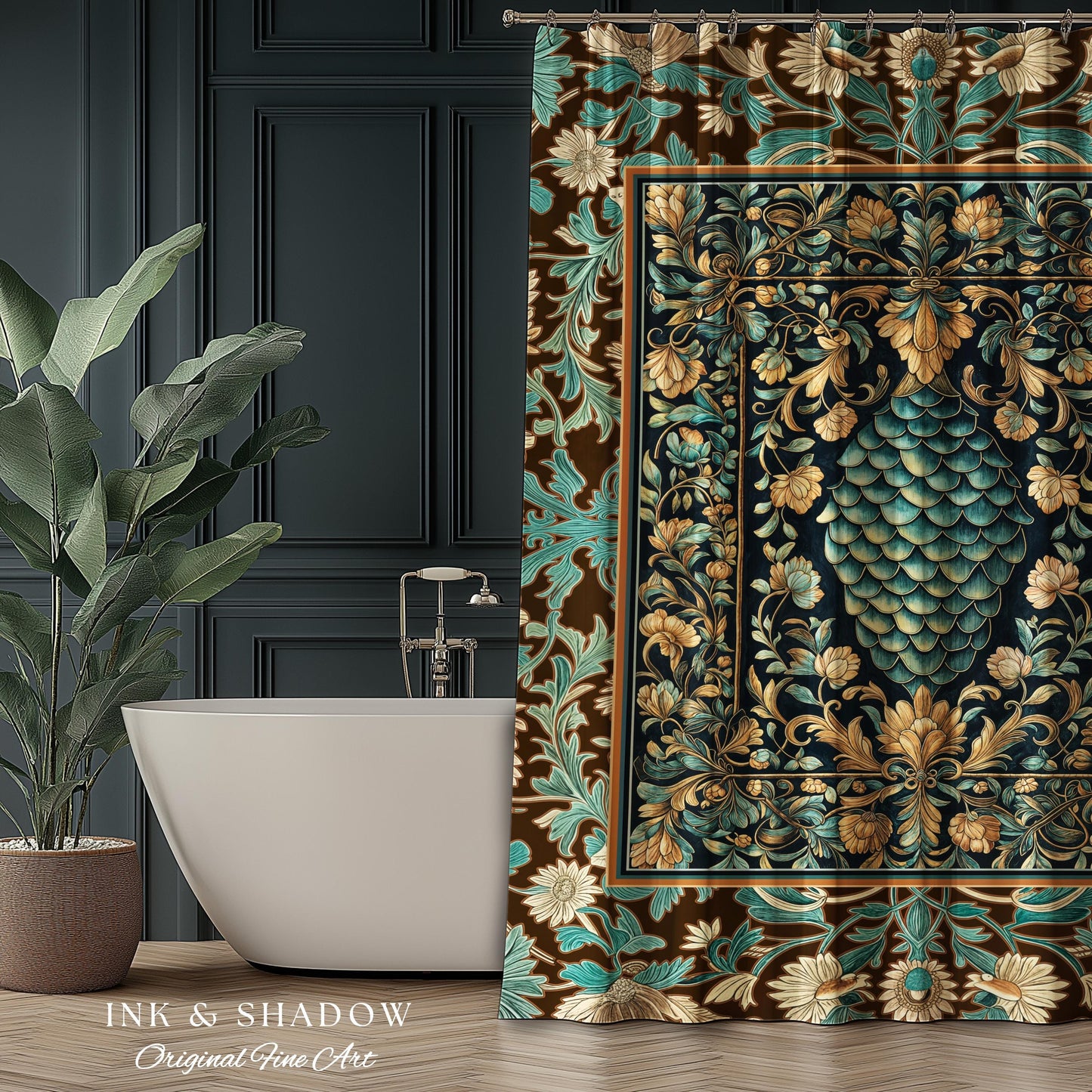 Soft Teal Castlecore Shower Curtain | Fairy Pastel Ornate Gothic Dragon Scale Fantasy Bathroom Rustic Knightcore Medieval Victorian Decor |
