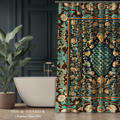 Soft Teal Castlecore Shower Curtain | Fairy Pastel Ornate Gothic Dragon Scale Fantasy Bathroom Rustic Knightcore Medieval Victorian Decor |
