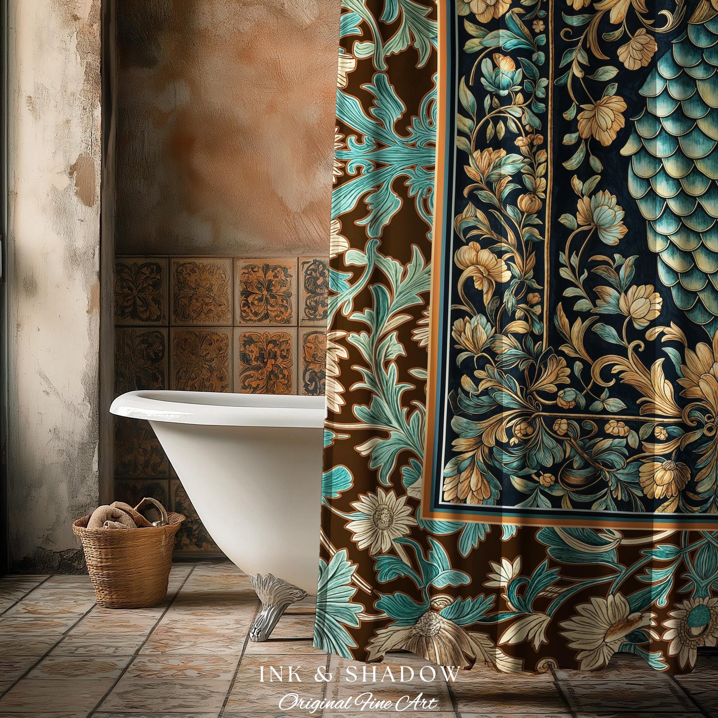 Soft Teal Castlecore Shower Curtain | Fairy Pastel Ornate Gothic Dragon Scale Fantasy Bathroom Rustic Knightcore Medieval Victorian Decor |