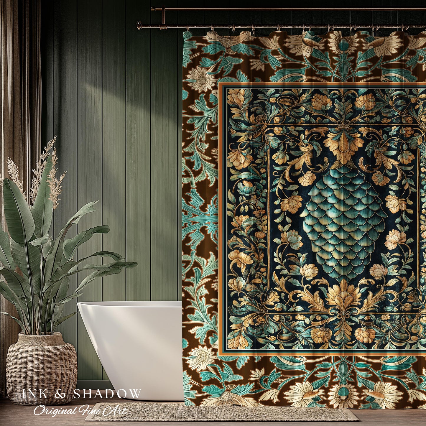 Soft Teal Castlecore Shower Curtain | Fairy Pastel Ornate Gothic Dragon Scale Fantasy Bathroom Rustic Knightcore Medieval Victorian Decor |