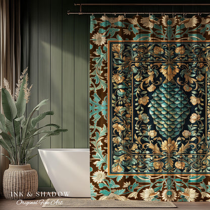 Soft Teal Castlecore Shower Curtain | Fairy Pastel Ornate Gothic Dragon Scale Fantasy Bathroom Rustic Knightcore Medieval Victorian Decor |