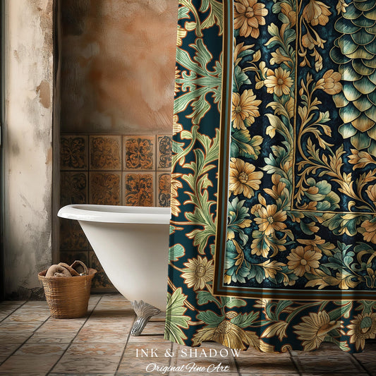 Medieval Maximalist Ethereal Shower Curtain | Soft Pastel Castlecore Bathroom Fairy Grunge Ornate Dragon Scale Rustic Victorian Style Decor