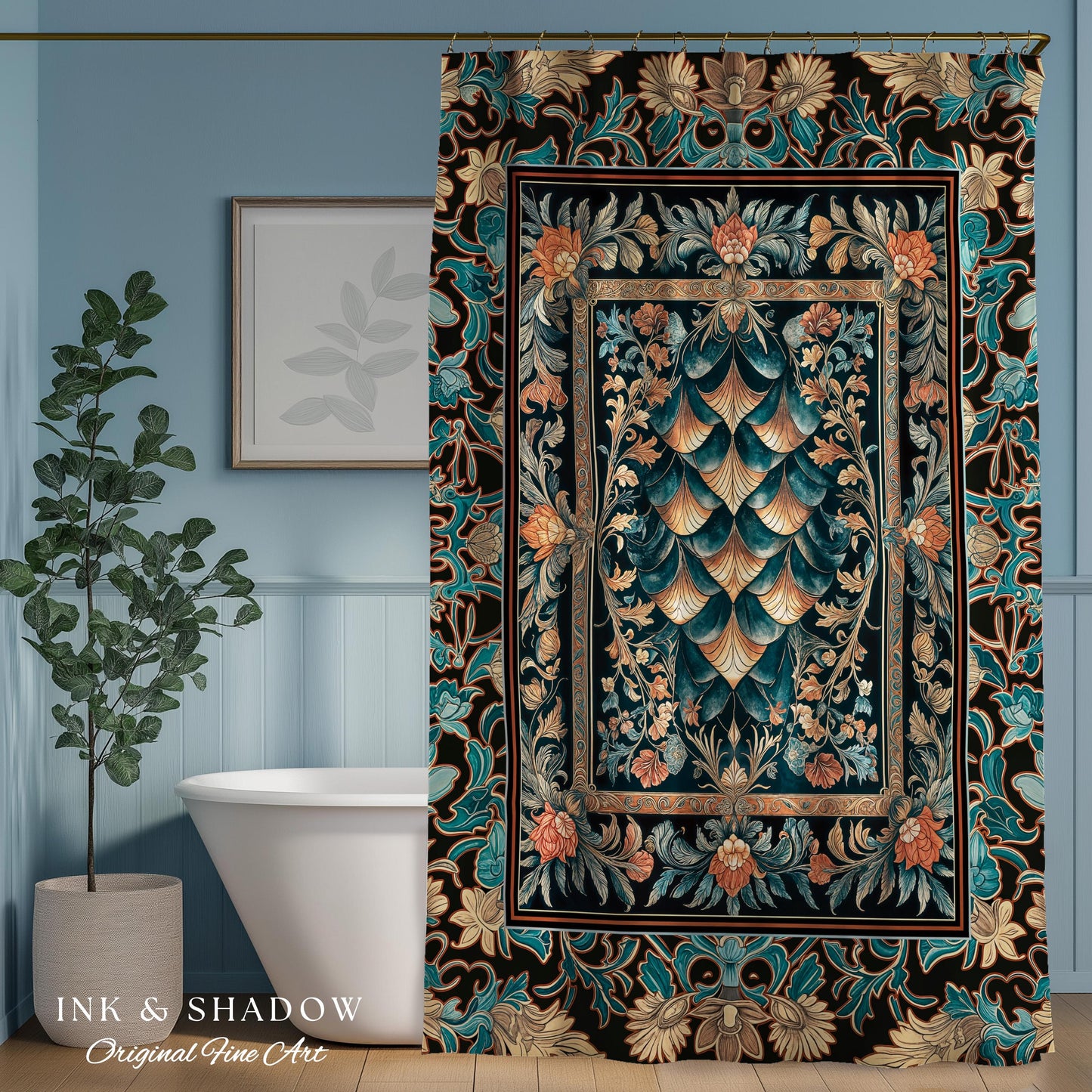 Art Deco Ornate Shower Curtain | Dark Academia Baroque Floral Bathroom Maximalist Floral Eclectic Medieval Colorful Dragon Scales Design |