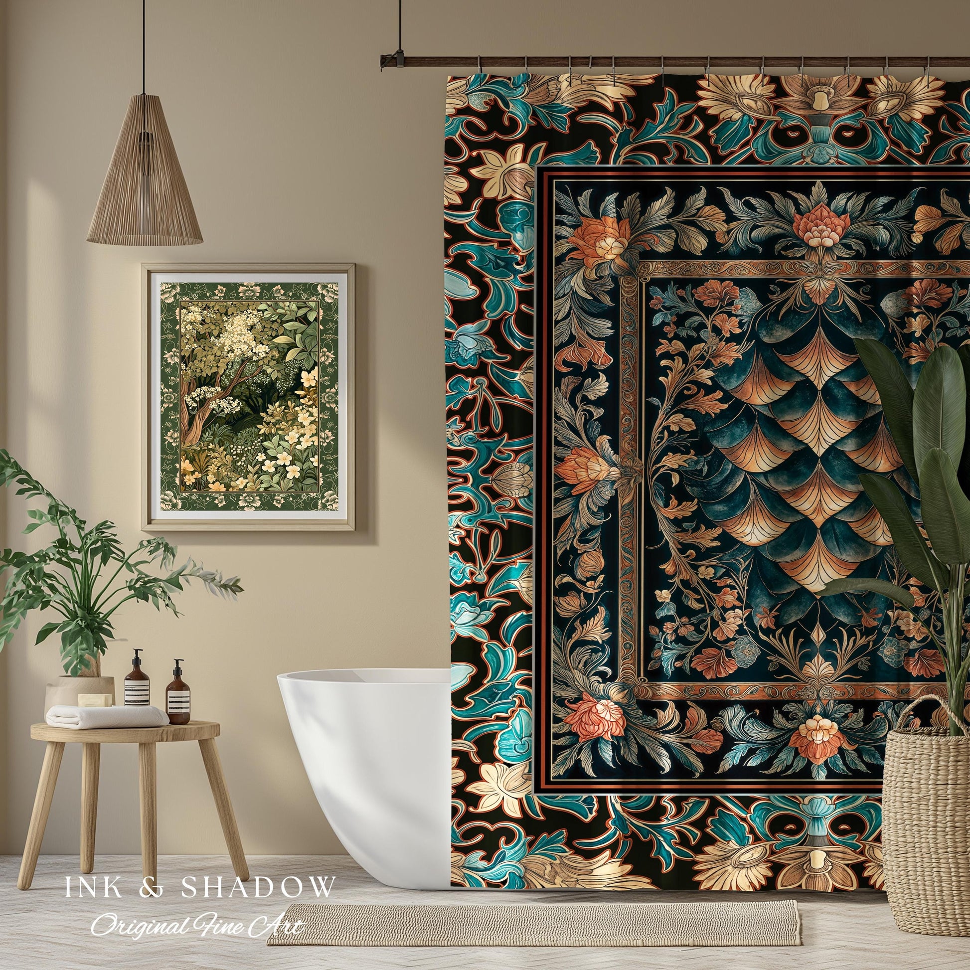 Art Deco Ornate Shower Curtain | Dark Academia Baroque Floral Bathroom Maximalist Floral Eclectic Medieval Colorful Dragon Scales Design |