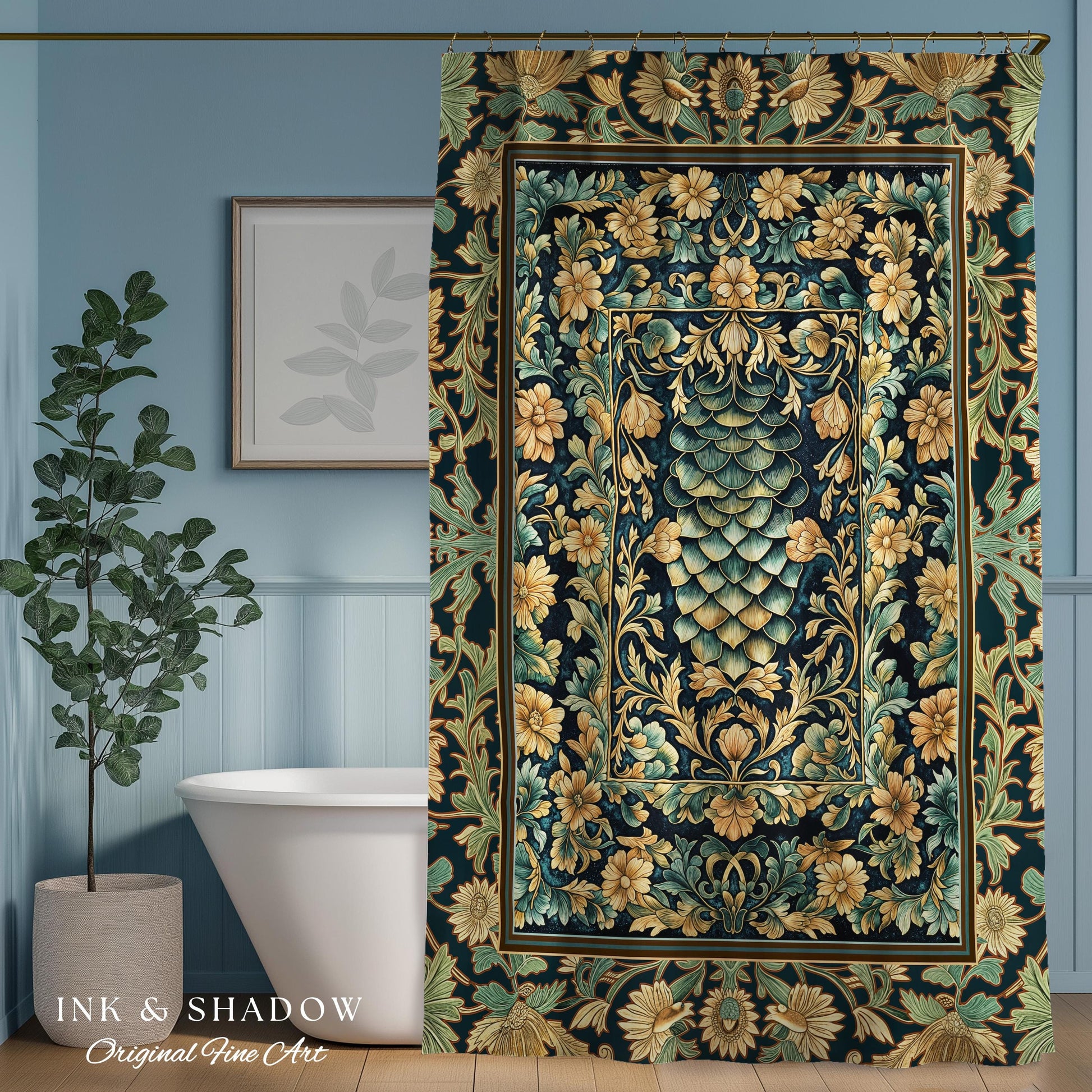 Medieval Maximalist Ethereal Shower Curtain | Soft Pastel Castlecore Bathroom Fairy Grunge Ornate Dragon Scale Rustic Victorian Style Decor