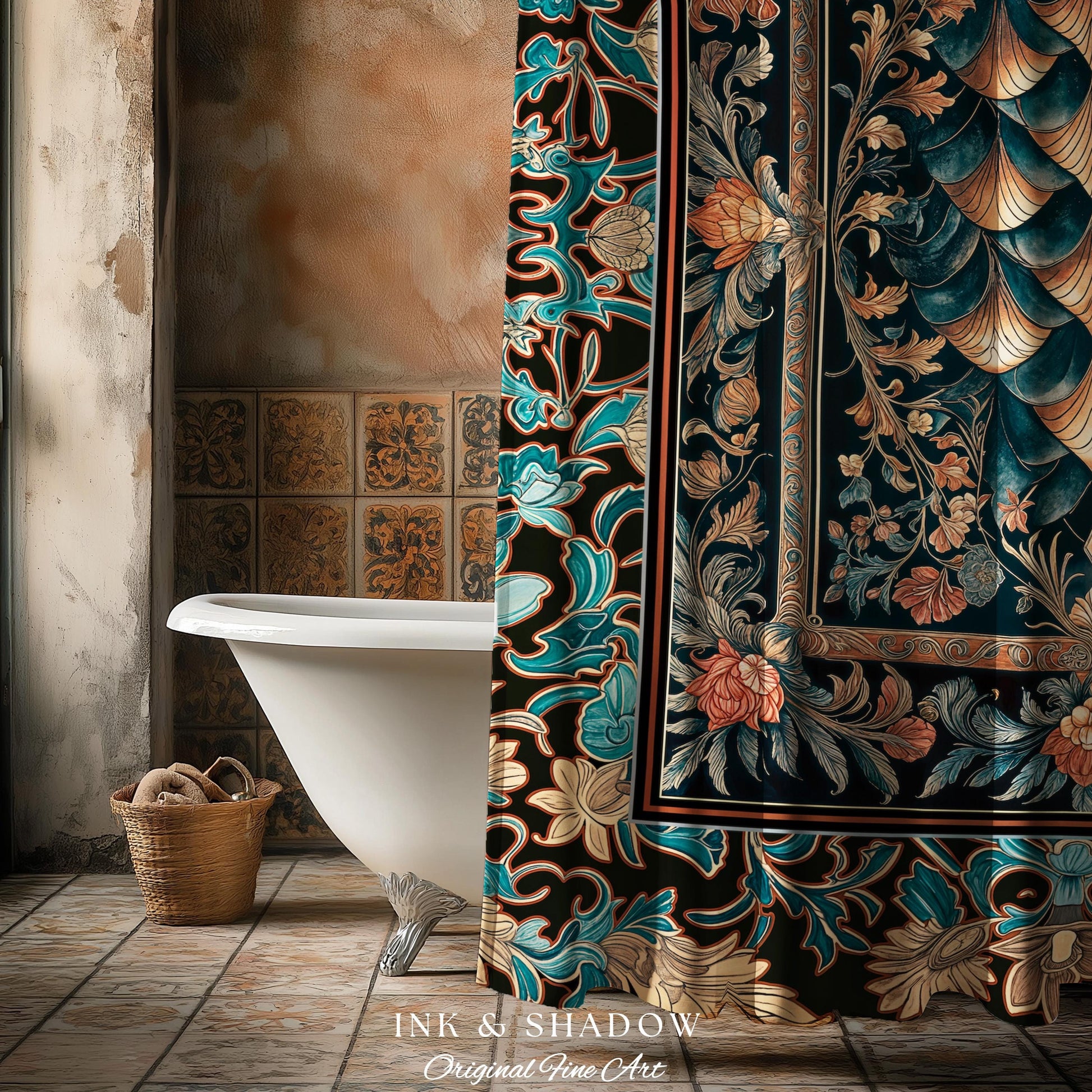 Art Deco Ornate Shower Curtain | Dark Academia Baroque Floral Bathroom Maximalist Floral Eclectic Medieval Colorful Dragon Scales Design |