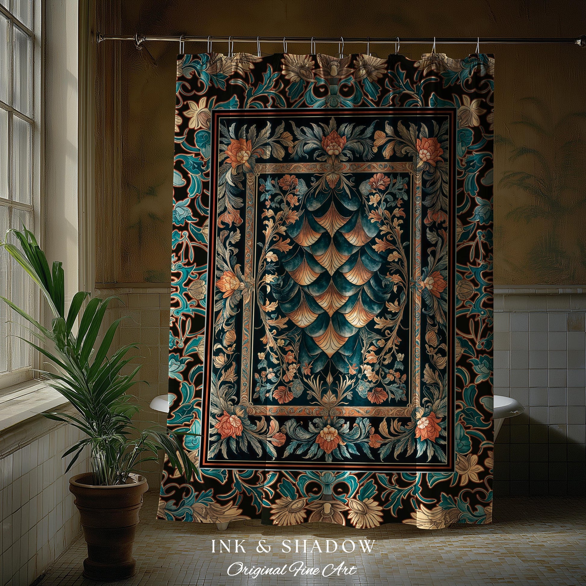 Art Deco Ornate Shower Curtain | Dark Academia Baroque Floral Bathroom Maximalist Floral Eclectic Medieval Colorful Dragon Scales Design |