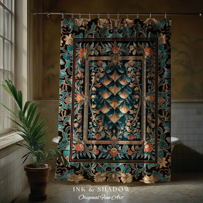 Art Deco Ornate Shower Curtain | Dark Academia Baroque Floral Bathroom Maximalist Floral Eclectic Medieval Colorful Dragon Scales Design |