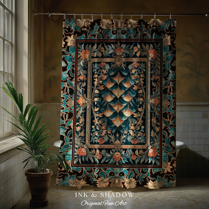 Art Deco Ornate Shower Curtain | Dark Academia Baroque Floral Bathroom Maximalist Floral Eclectic Medieval Colorful Dragon Scales Design |