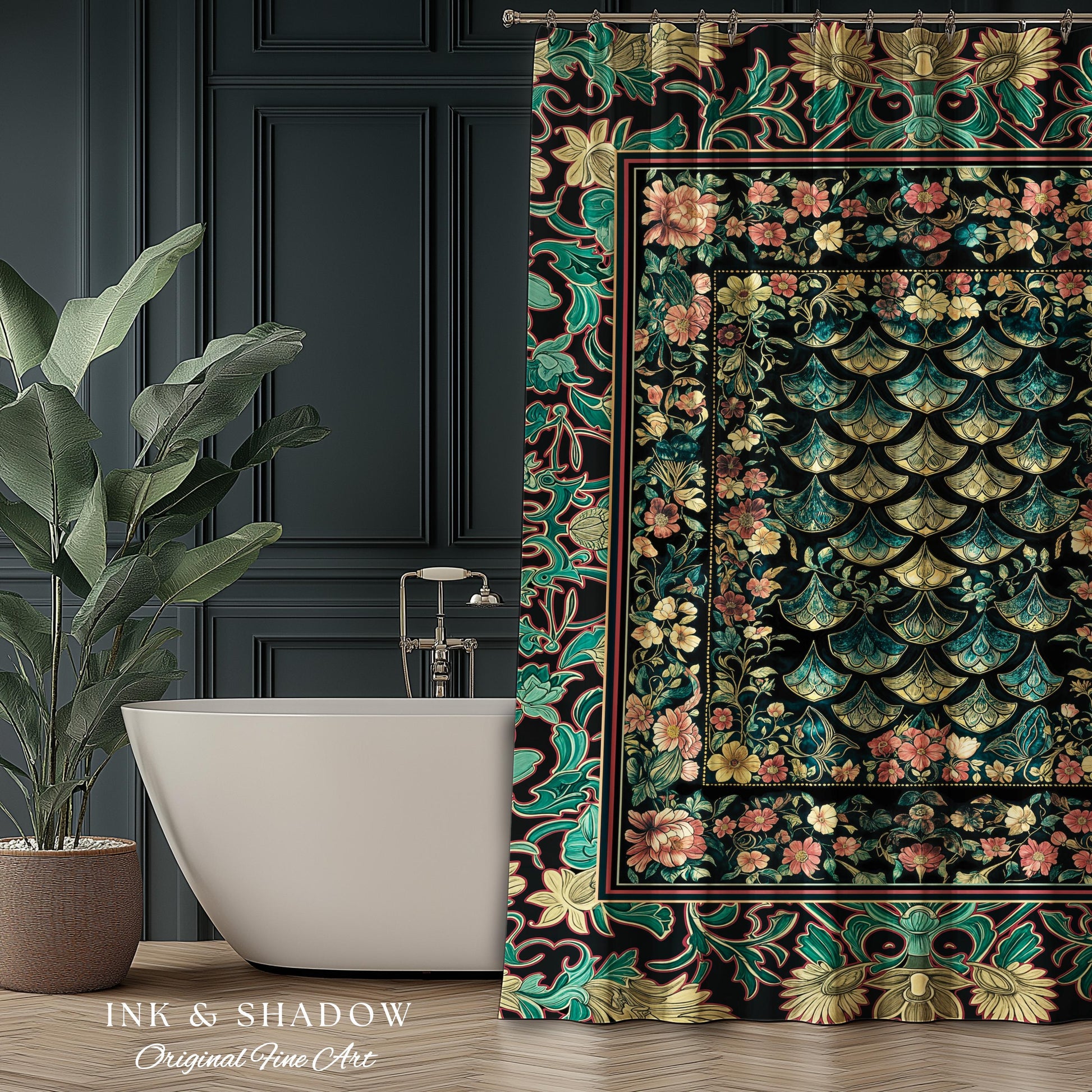 Maximalist Floral Eclectic Shower Curtain | Princesscore Royal Bathroom Ethereal Pastel Storybook Medieval Magic Victorian Dragon Scales Art