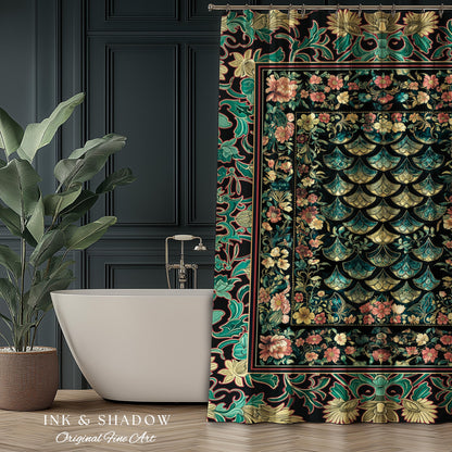 Maximalist Floral Eclectic Shower Curtain | Princesscore Royal Bathroom Ethereal Pastel Storybook Medieval Magic Victorian Dragon Scales Art