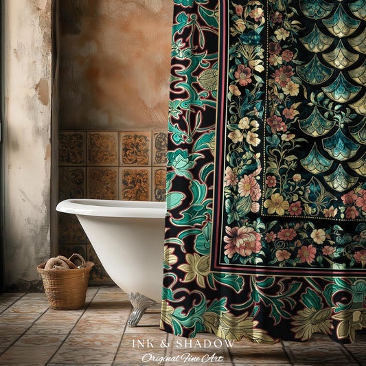 Maximalist Floral Eclectic Shower Curtain | Princesscore Royal Bathroom Ethereal Pastel Storybook Medieval Magic Victorian Dragon Scales Art