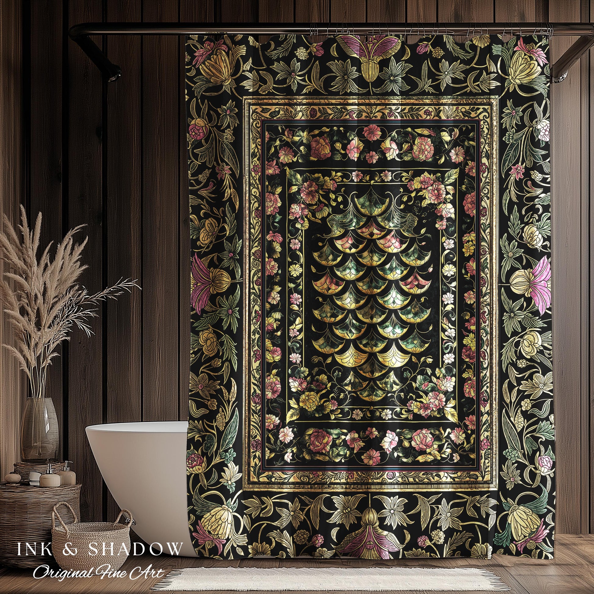Witchy Mystic Dragon Scale Shower Curtain | Gothic Baroque Dark Academia Pastel Floral Bathroom Maximalist Ornate Eclectic Art Deco Decor |