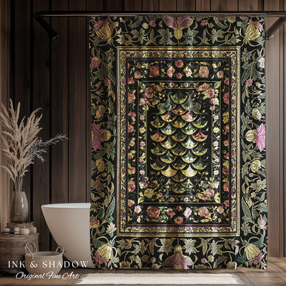 Witchy Mystic Dragon Scale Shower Curtain | Gothic Baroque Dark Academia Pastel Floral Bathroom Maximalist Ornate Eclectic Art Deco Decor |