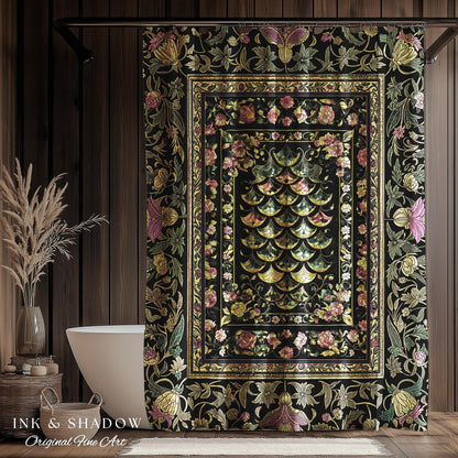 Witchy Mystic Dragon Scale Shower Curtain | Gothic Baroque Dark Academia Pastel Floral Bathroom Maximalist Ornate Eclectic Art Deco Decor |