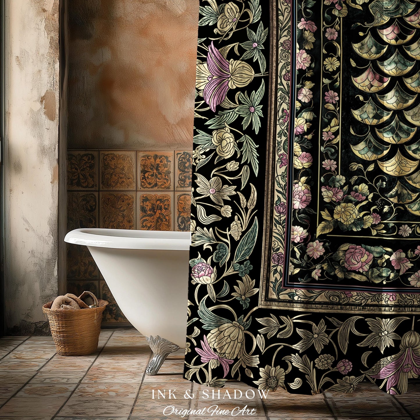 Witchy Mystic Dragon Scale Shower Curtain | Gothic Baroque Dark Academia Pastel Floral Bathroom Maximalist Ornate Eclectic Art Deco Decor |