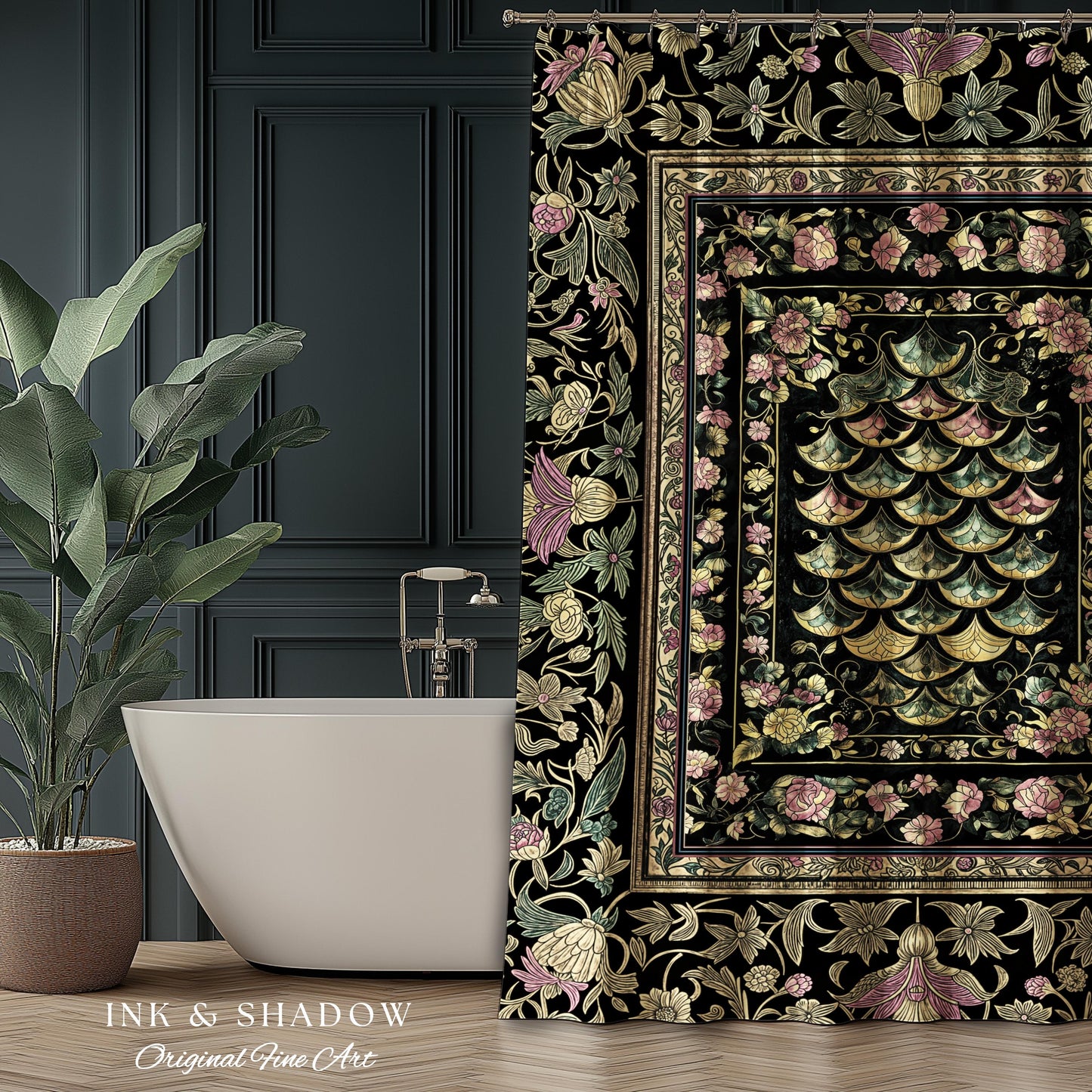 Witchy Mystic Dragon Scale Shower Curtain | Gothic Baroque Dark Academia Pastel Floral Bathroom Maximalist Ornate Eclectic Art Deco Decor |