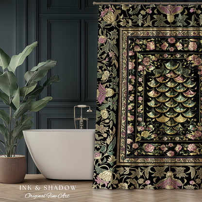 Witchy Mystic Dragon Scale Shower Curtain | Gothic Baroque Dark Academia Pastel Floral Bathroom Maximalist Ornate Eclectic Art Deco Decor |