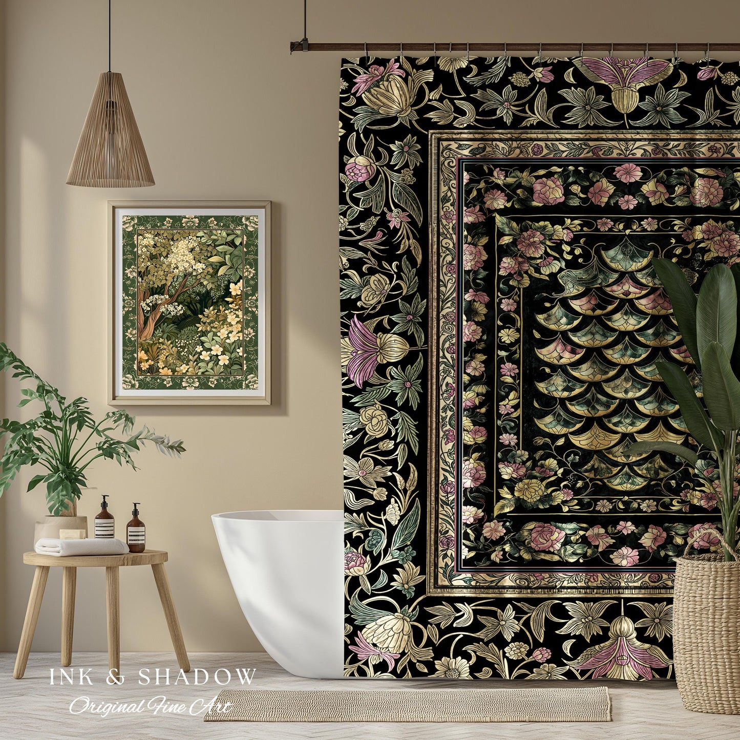 Witchy Mystic Dragon Scale Shower Curtain | Gothic Baroque Dark Academia Pastel Floral Bathroom Maximalist Ornate Eclectic Art Deco Decor |