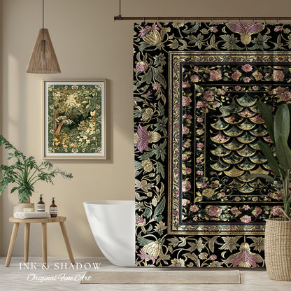 Witchy Mystic Dragon Scale Shower Curtain | Gothic Baroque Dark Academia Pastel Floral Bathroom Maximalist Ornate Eclectic Art Deco Decor |