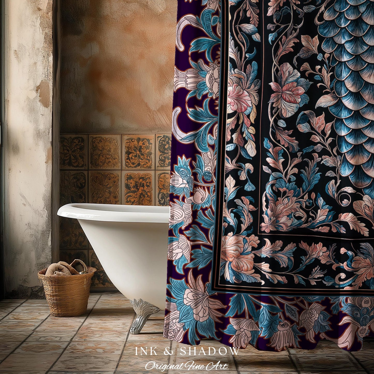 Soft Victorian Pastels Shower Curtain | Princesscore Coquette Aesthetic Storybook Fairytale Bathroom Dragon Scale Home Accent Elegant Style