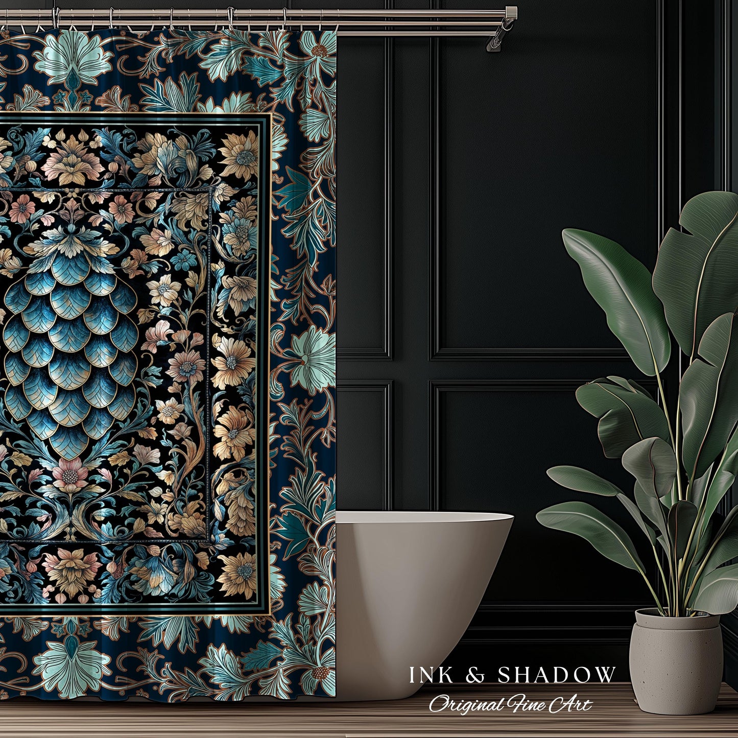 Indigo Magic Royal Shower Curtain | Dark Academia Accent Colorful Botanical Bathroom Elegant Ornate Dragon Scale Fairytale Medieval Style |
