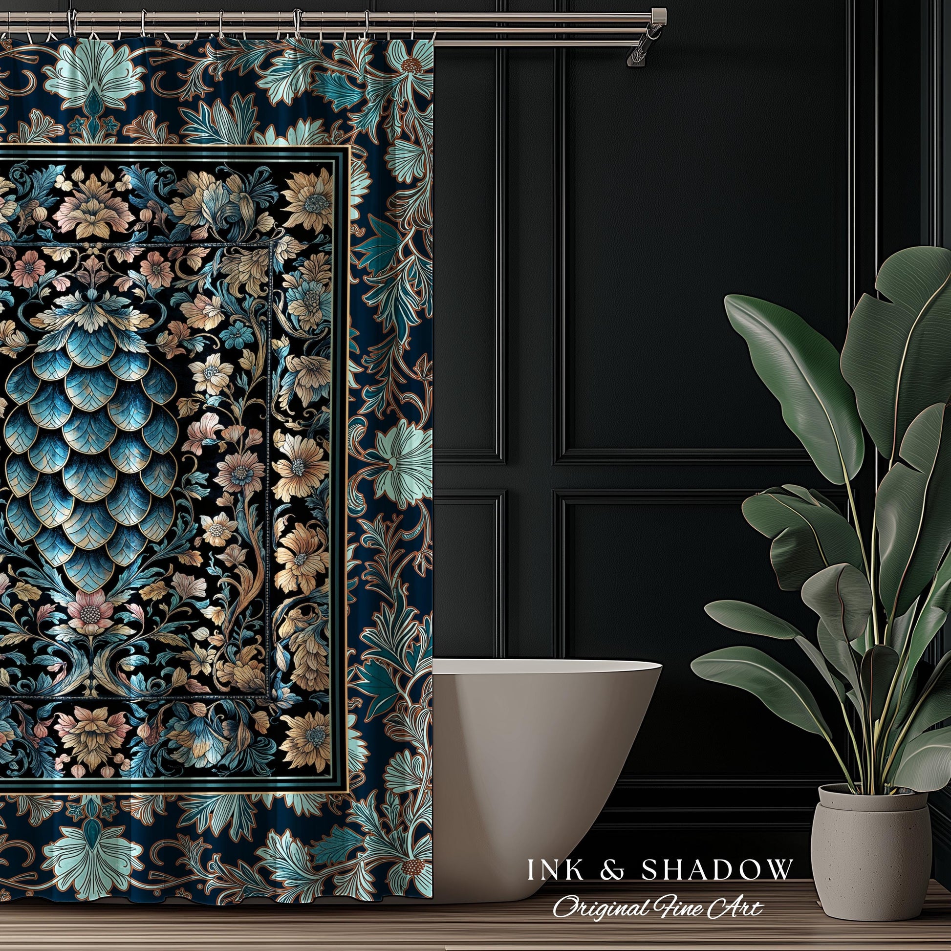 Indigo Magic Royal Shower Curtain | Dark Academia Accent Colorful Botanical Bathroom Elegant Ornate Dragon Scale Fairytale Medieval Style |