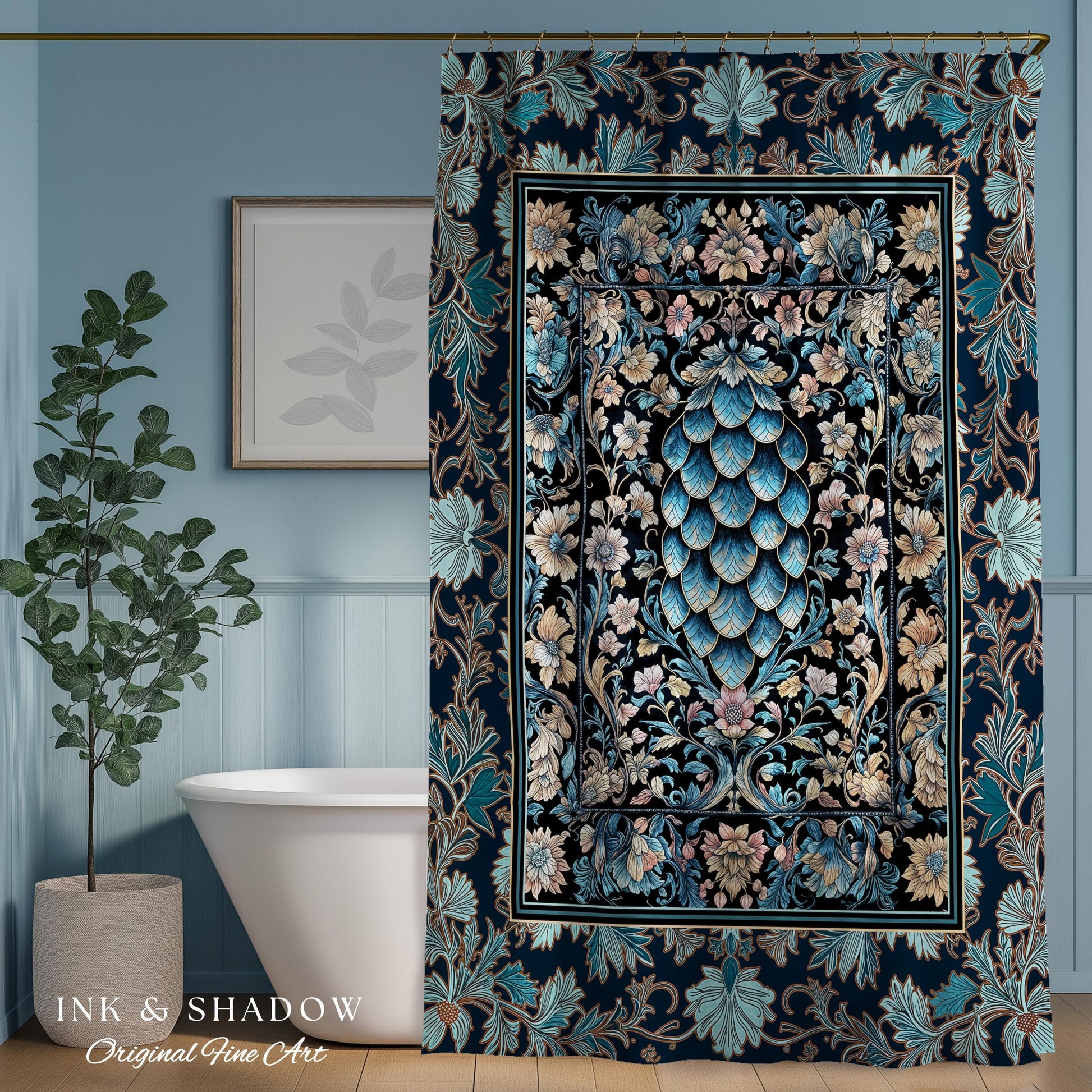 Indigo Magic Royal Shower Curtain | Dark Academia Accent Colorful Botanical Bathroom Elegant Ornate Dragon Scale Fairytale Medieval Style |