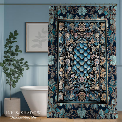 Indigo Magic Royal Shower Curtain | Dark Academia Accent Colorful Botanical Bathroom Elegant Ornate Dragon Scale Fairytale Medieval Style |