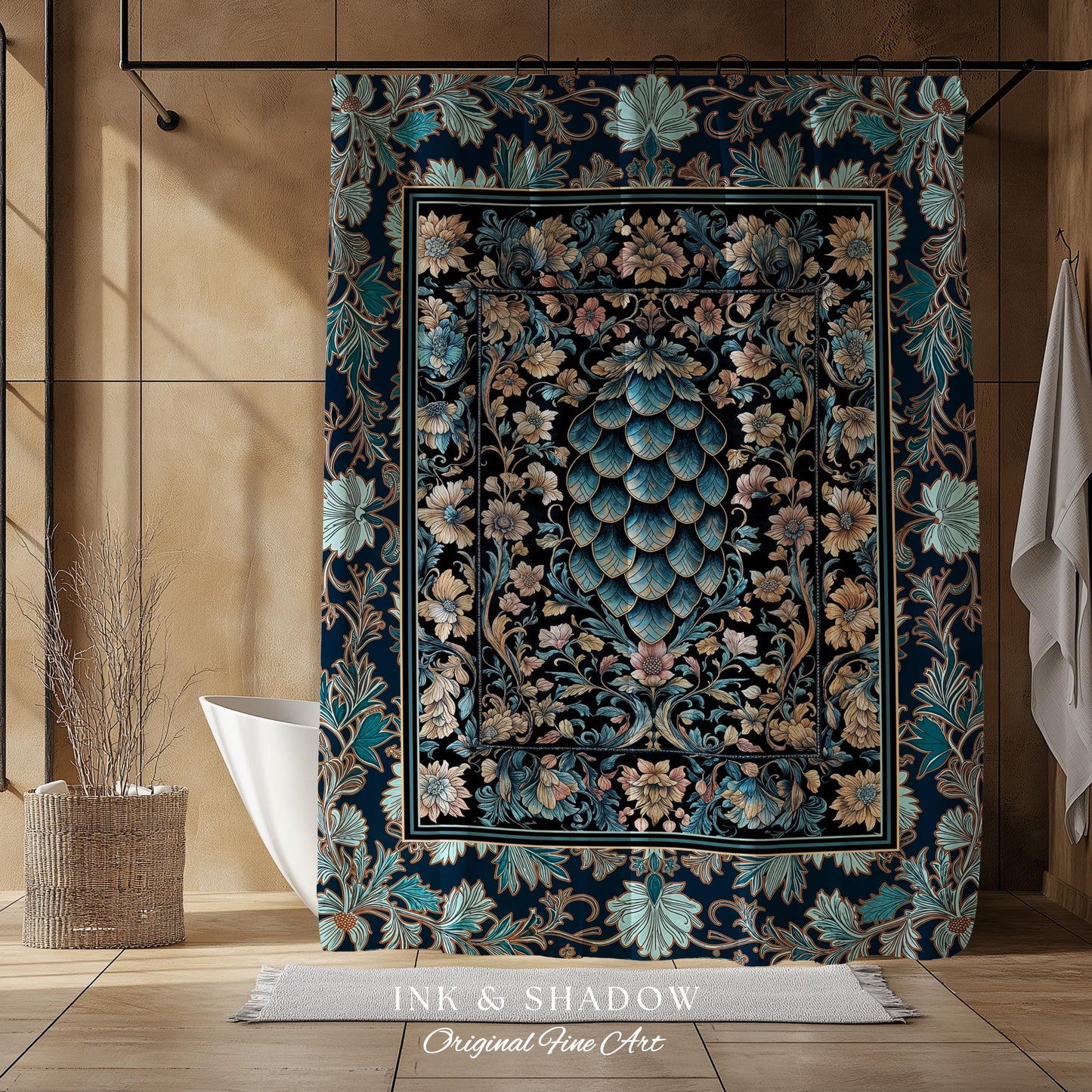 Indigo Magic Royal Shower Curtain | Dark Academia Accent Colorful Botanical Bathroom Elegant Ornate Dragon Scale Fairytale Medieval Style |